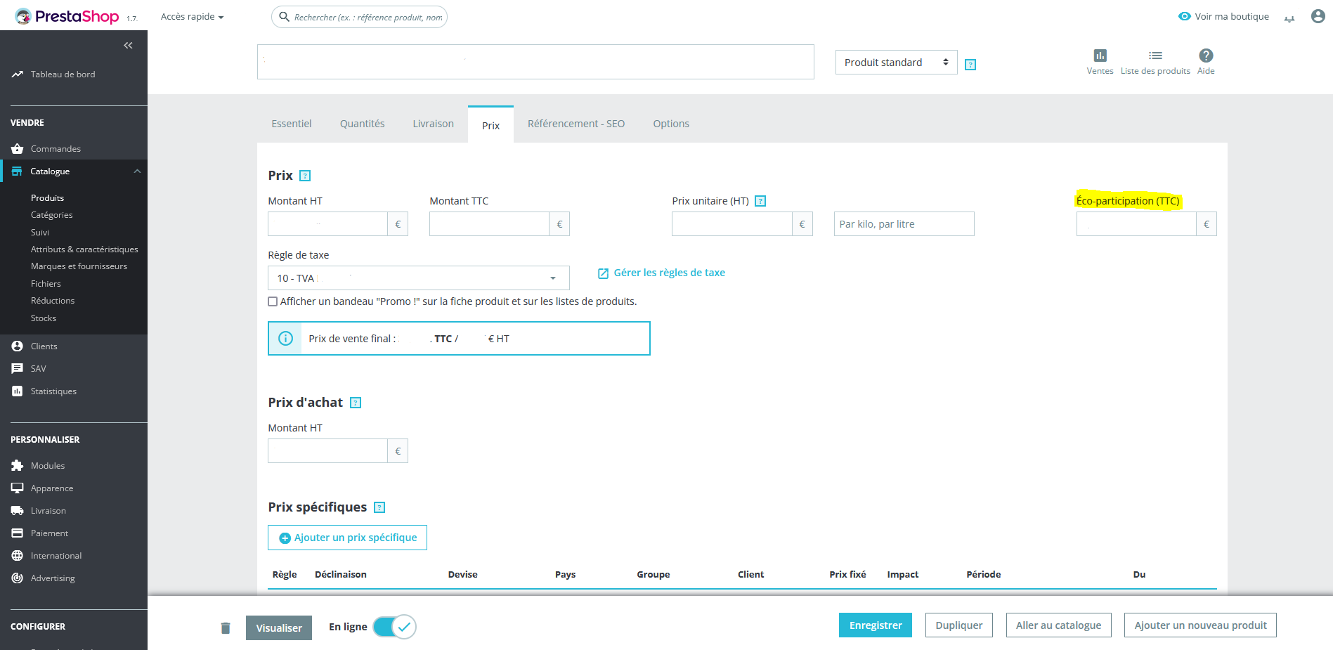 Produit éco-participation PrestaShop backoffice agence développement web