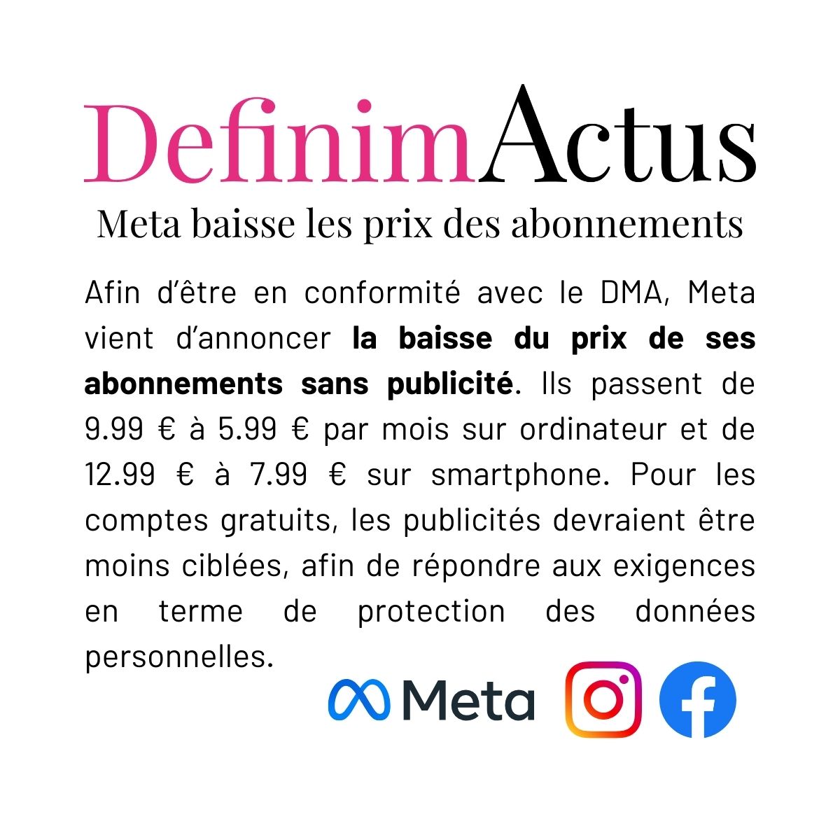 meta abonnement facebook instagram réduction prix europe digital markets act publicité alternative