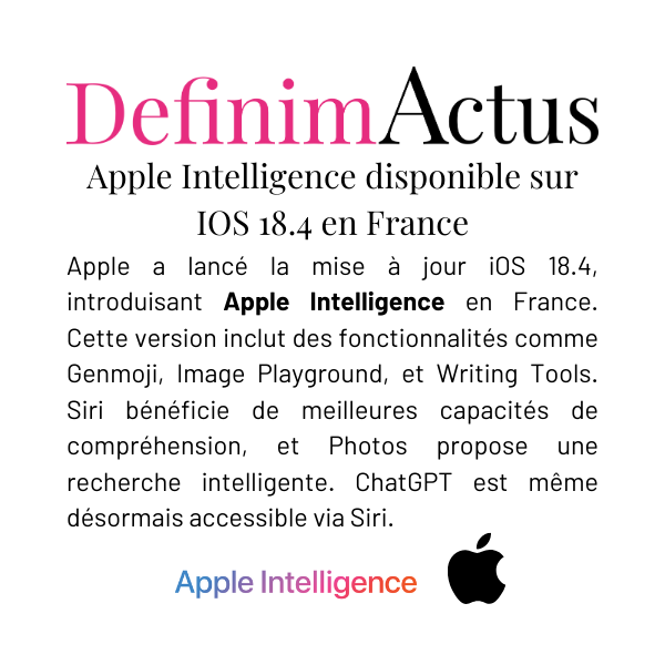 Apple iOS 18.4 Apple Intelligence France Genmoji Image Playground Writing Tools Siri ChatGPT intelligence artificielle