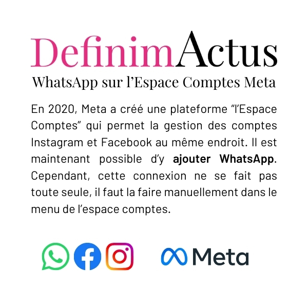 Interface montrant l'intégration de WhatsApp dans l'Espace Comptes de Meta